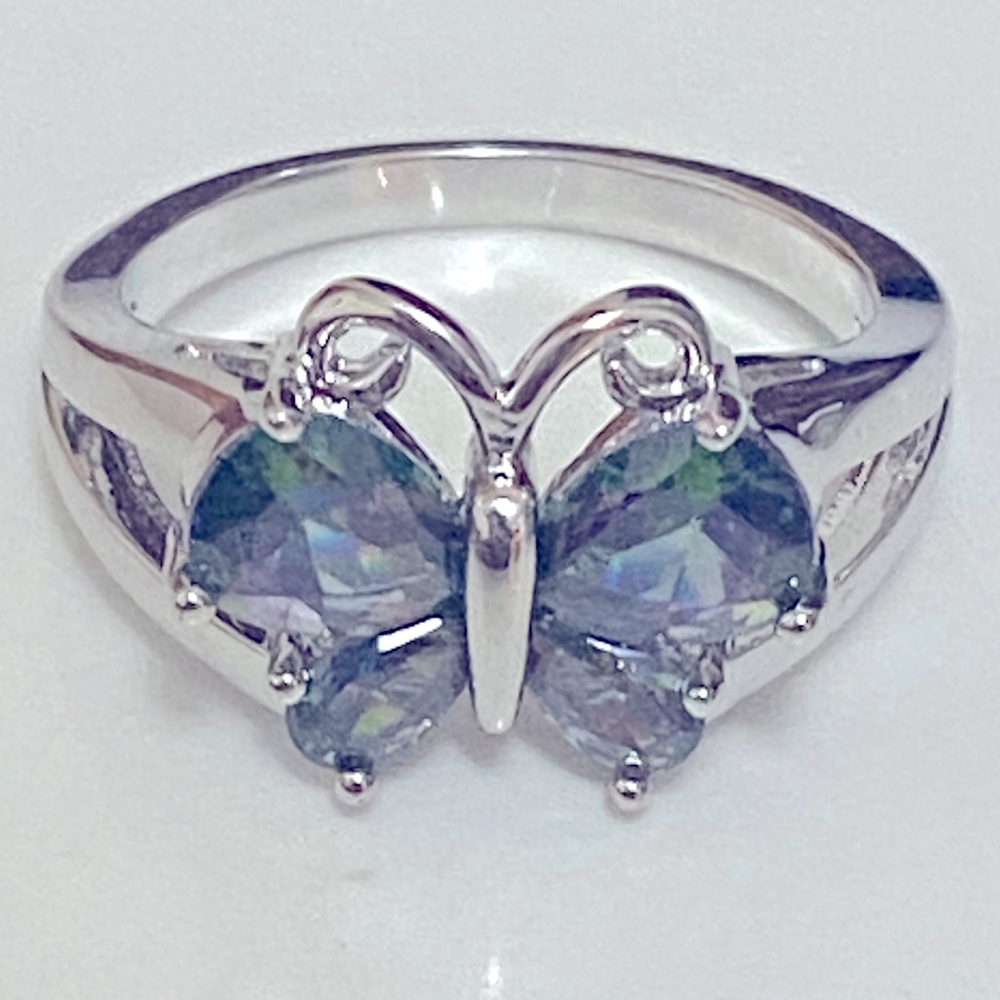 Butterfly rainbow zircon ring White Gold Filled